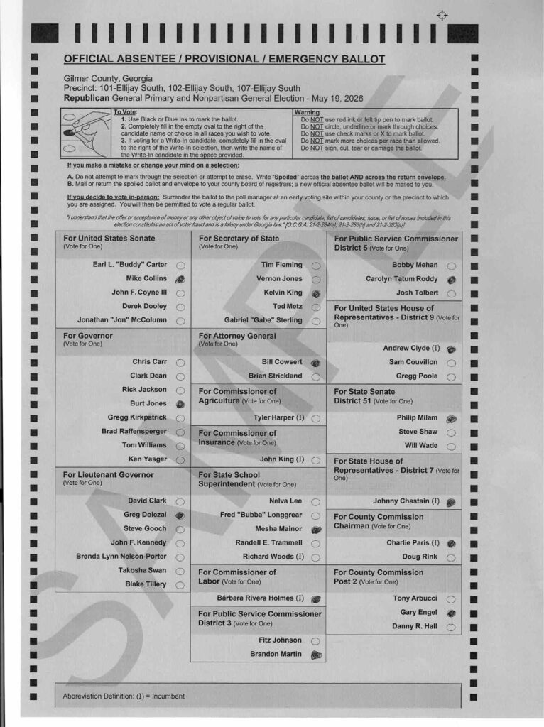 Gilmer Sample Ballot 2026 Page 1