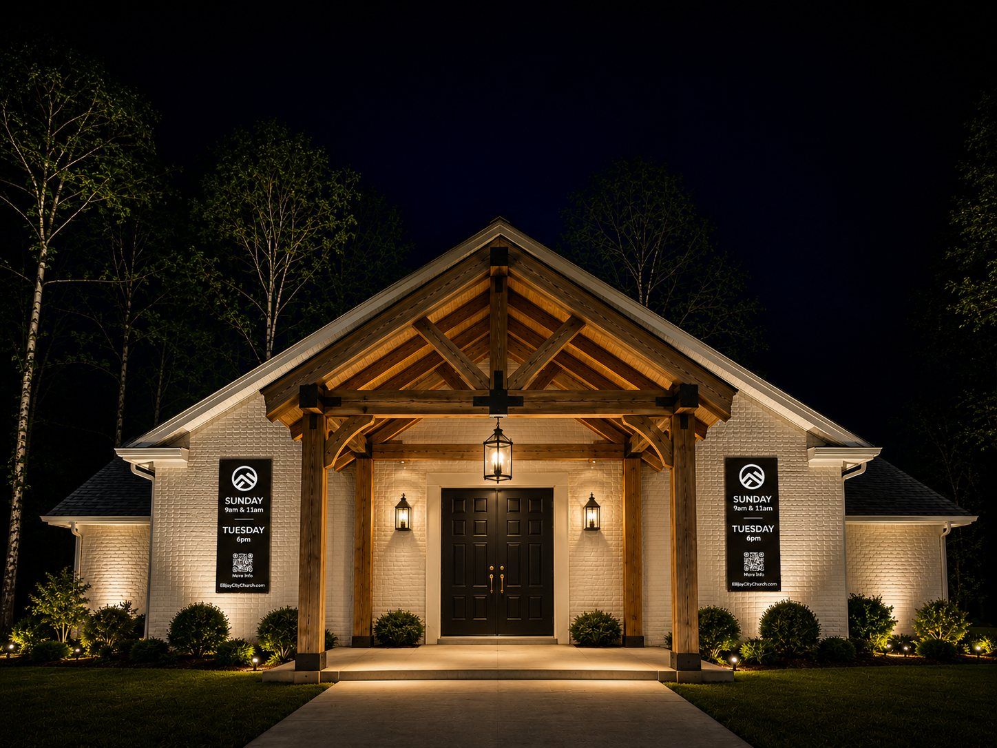 Rendering of the church entry at night: white brick, a cedar timber porch, black double doors and service-time banners