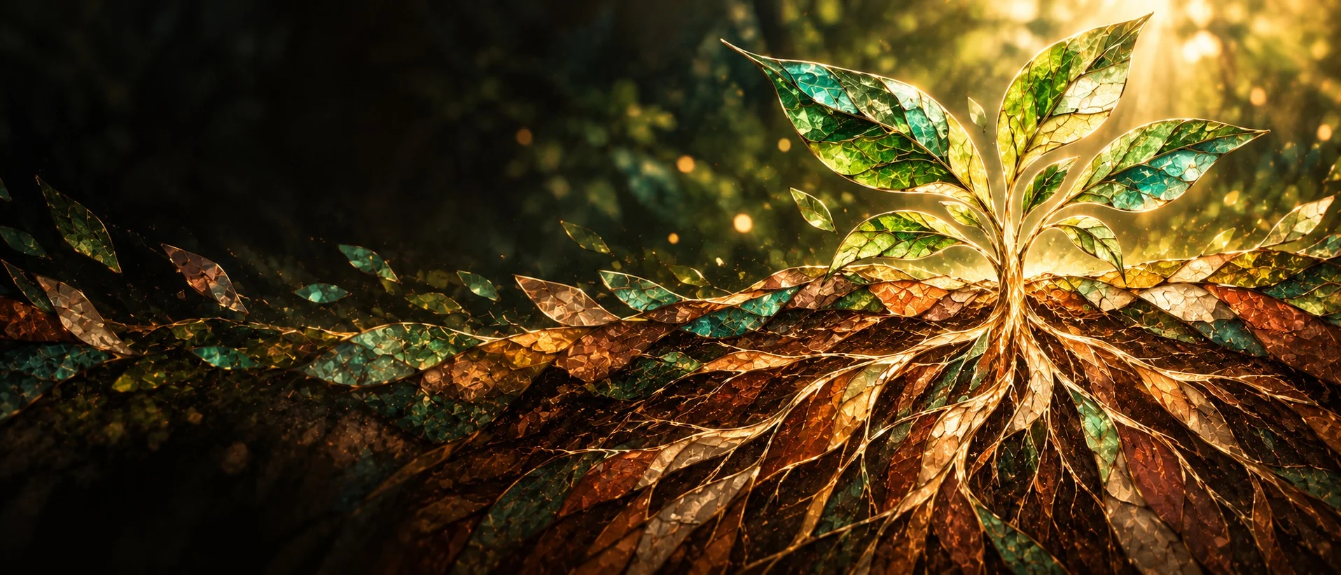 Stained glass sprout with living green leaves in soft morning light, mended with gold seams, roots spreading below: rooted and grounded in love