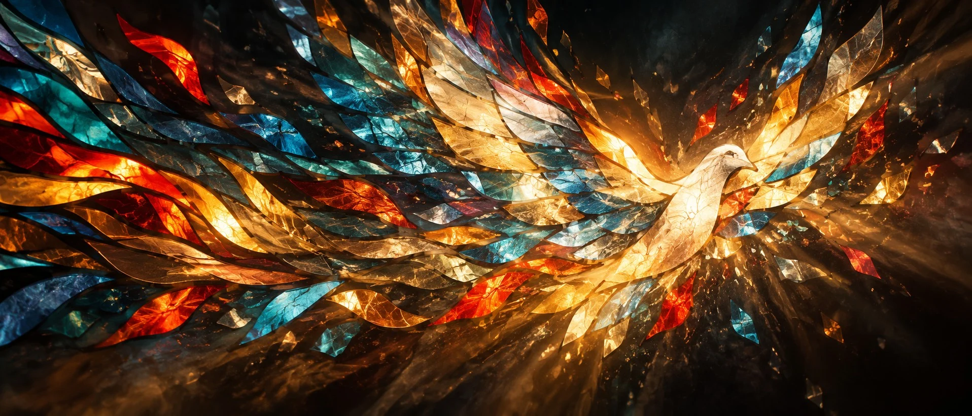 Abstract stained glass in motion: colored glass shards and flames rushing into a dove of light, the Holy Spirit moving