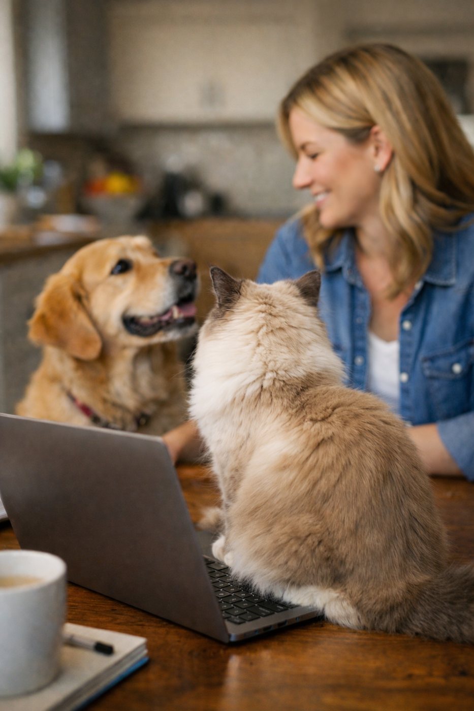 A woman working on a laptop at home while her dog and cat cr