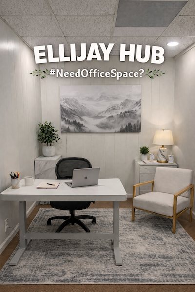 An Ellijay Hub office suite with a desk, gray and white decor and a mountain painting
