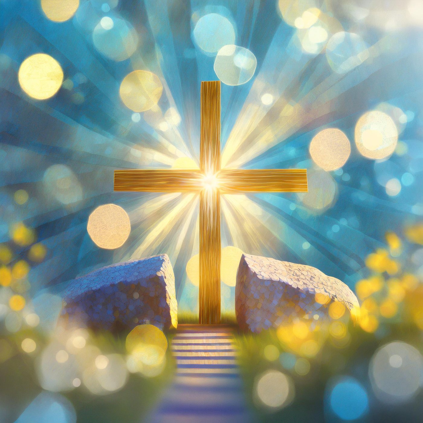 A wooden cross in front of an empty tomb, glowing with light