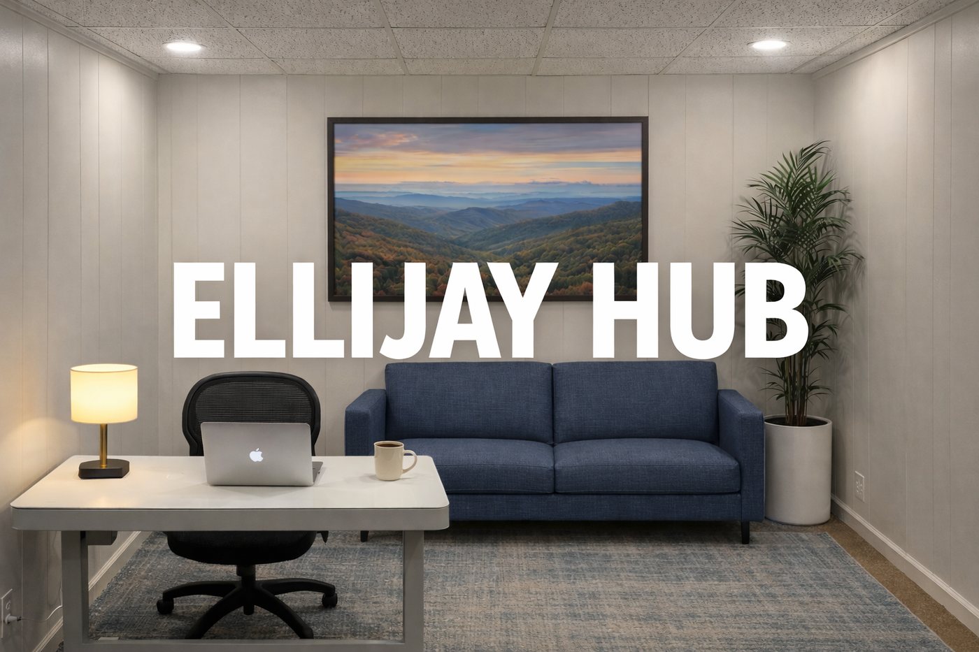 An Ellijay Hub office suite with a desk, a blue sofa and a m