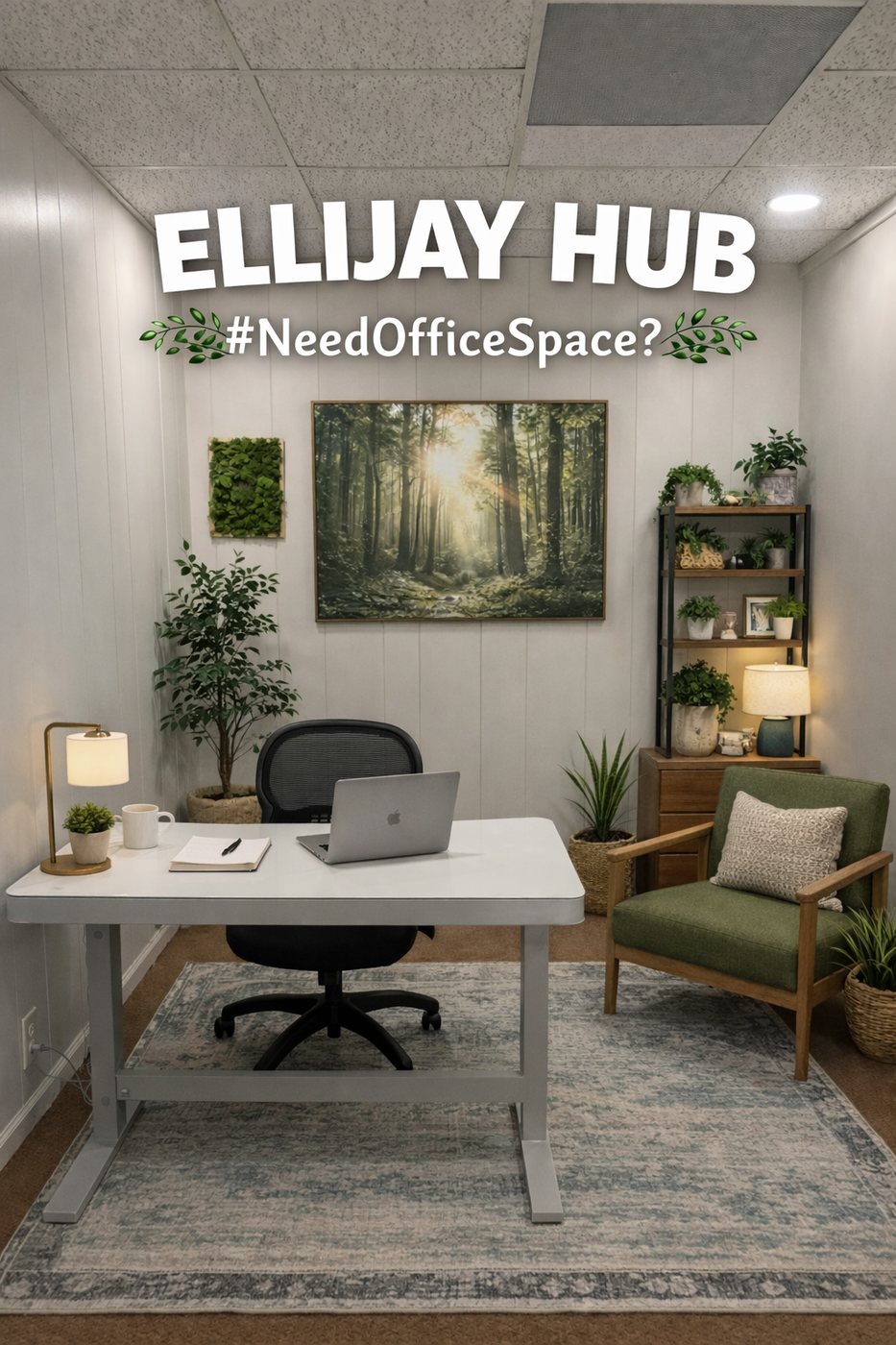 An Ellijay Hub office suite with a desk, green accent wall,