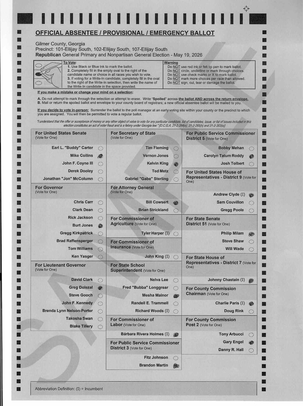 Gilmer County 2026 sample ballot, page 1