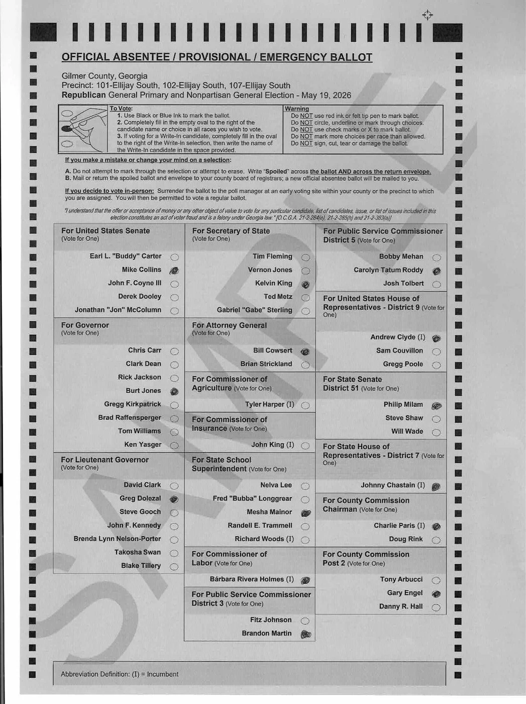 Gilmer County 2026 sample ballot, page 1