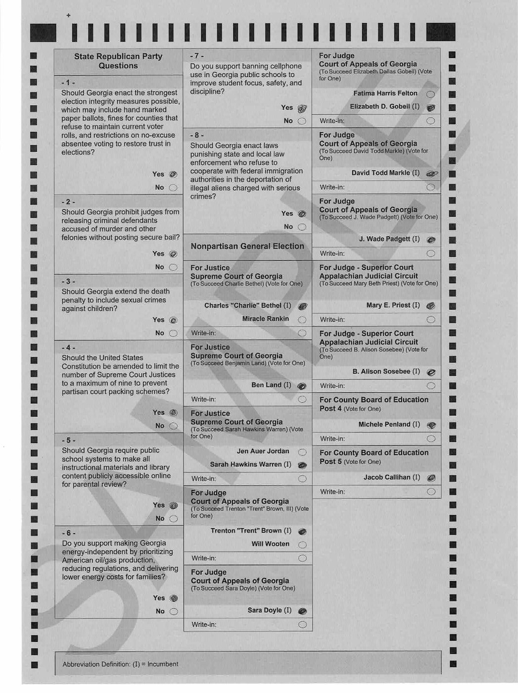 Gilmer County 2026 sample ballot, page 2