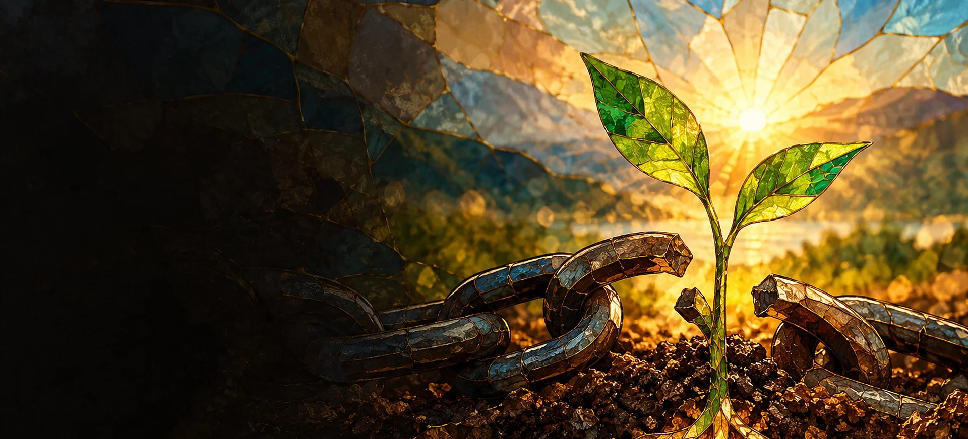 Stained glass seedling with bright green leaves growing from a broken chain in rich soil at sunrise: a fresh start